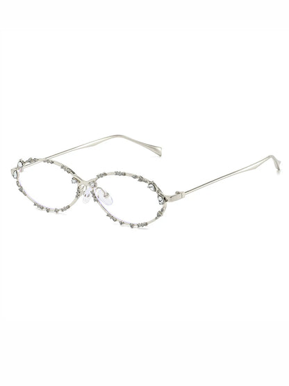 Rhinestone Oval Glasses — Silver-tone rhinestone frame with clear lenses
