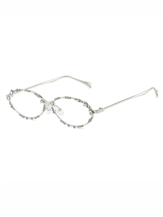 Rhinestone Oval Glasses — Silver-tone rhinestone frame with clear lenses