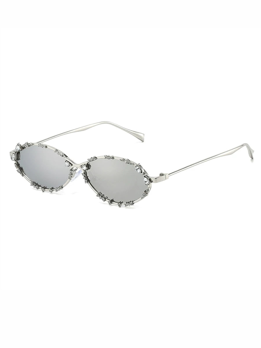Rhinestone Oval Glasses — Silver-tone rhinestone frame with grey lenses