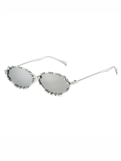 Rhinestone Oval Glasses — Silver-tone rhinestone frame with grey lenses