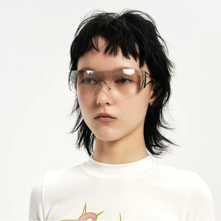 Rhinestone Shield Sunglasses — Model wearing light mirrored rhinestone shield sunglasses