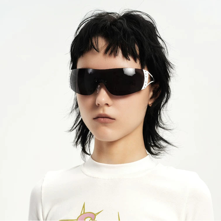 Rhinestone Shield Sunglasses — Model wearing black rhinestone shield sunglasses