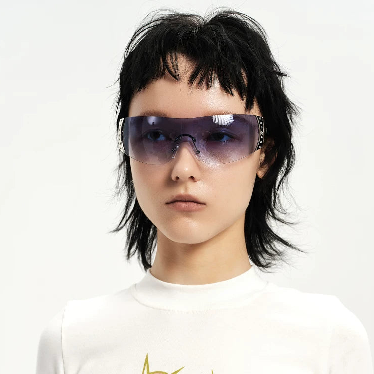 Rhinestone Shield Sunglasses — Model wearing blue rhinestone shield sunglasses