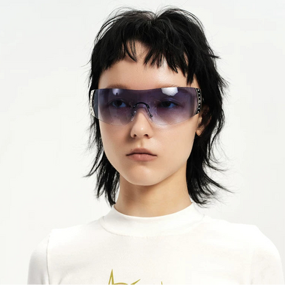 Rhinestone Shield Sunglasses — Model wearing blue rhinestone shield sunglasses