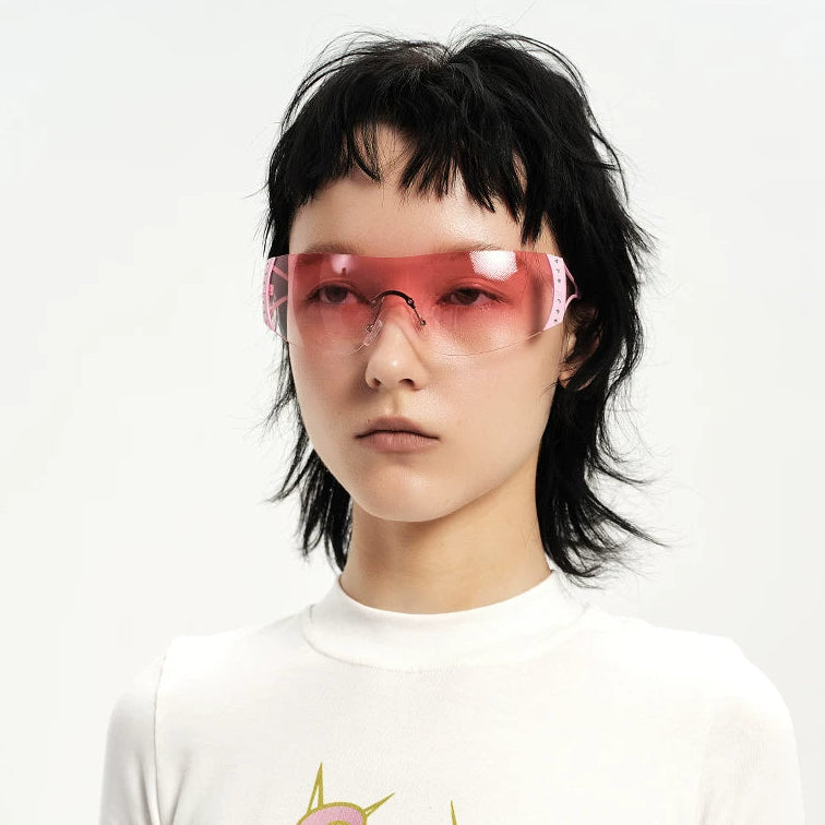 Rhinestone Shield Sunglasses — Model wearing pink rhinestone shield sunglasses