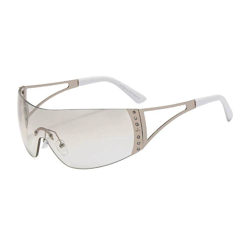 Rhinestone Shield Sunglasses — Silver-tone rhinestone shield frame with light lenses