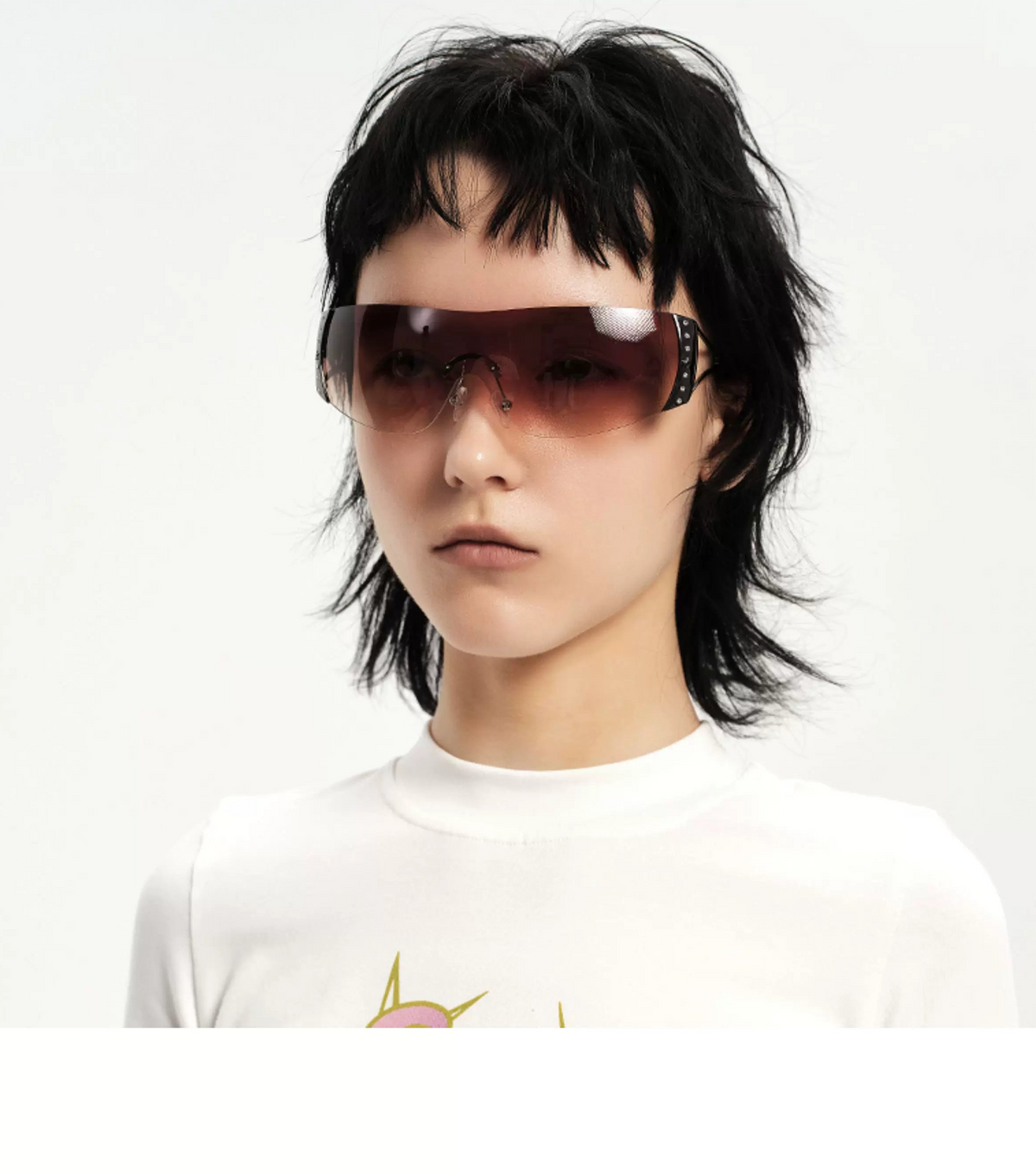Rhinestone Shield Sunglasses — Model wearing brown gradient rhinestone shield sunglasses
