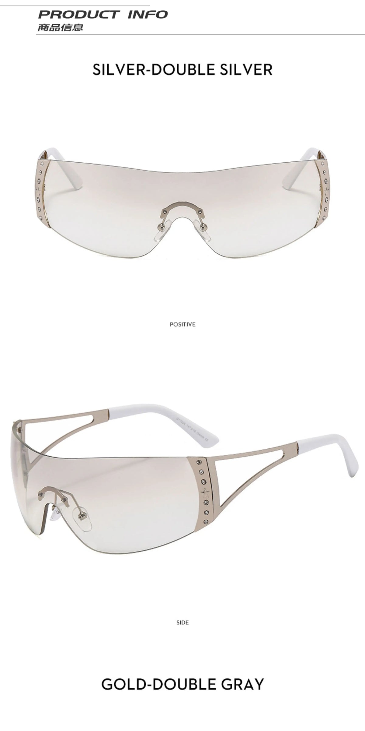 Rhinestone Shield Sunglasses — Gold-tone rhinestone shield sunglasses shown in two angles