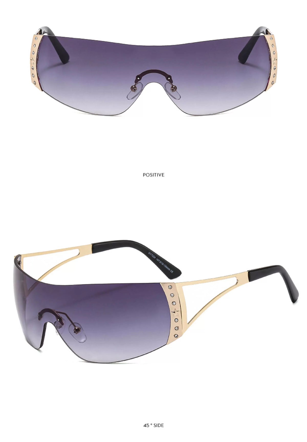 Rhinestone Shield Sunglasses — Gold-tone rhinestone shield sunglasses with purple lenses shown in two angles