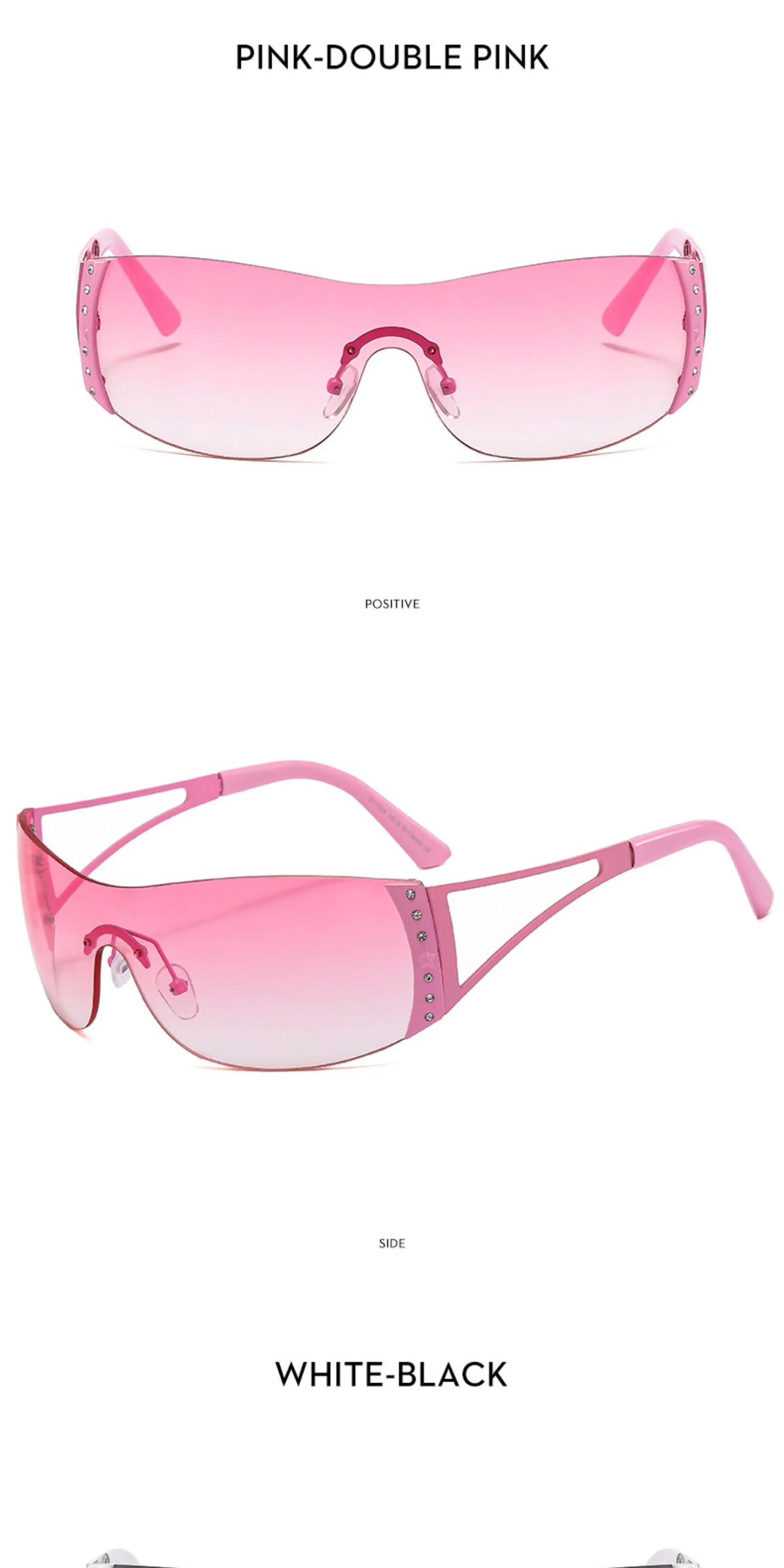 Rhinestone Shield Sunglasses — Pink rhinestone shield sunglasses shown in two angles