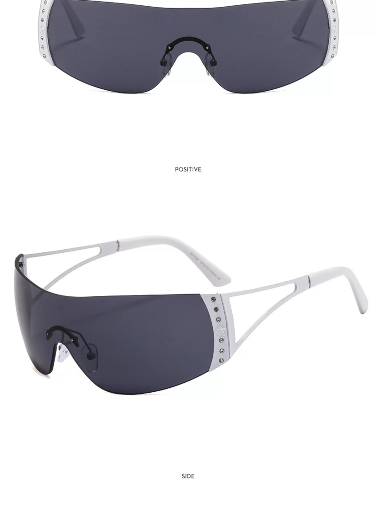 Rhinestone Shield Sunglasses — Silver rhinestone shield sunglasses with dark lenses shown in two angles