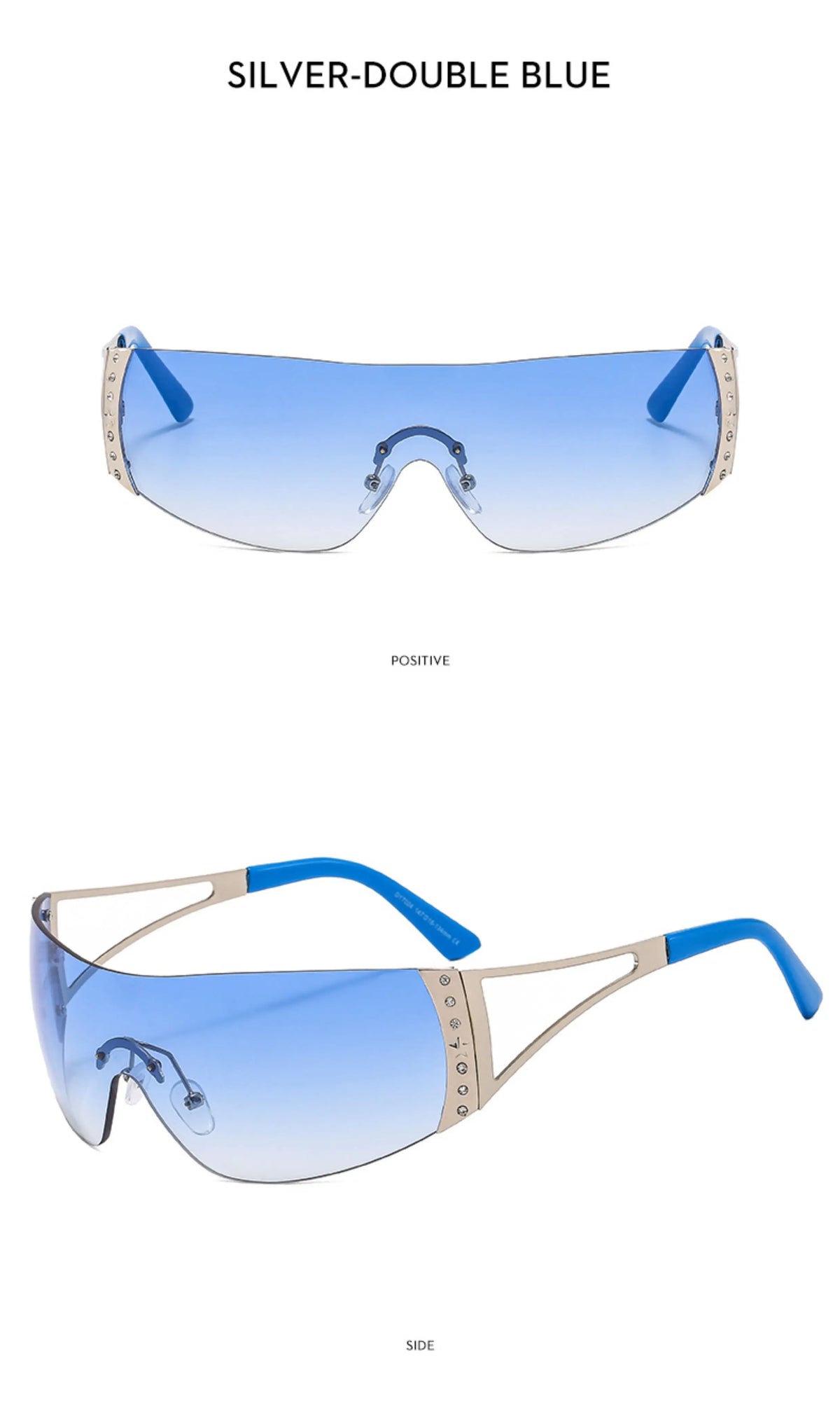 Rhinestone Shield Sunglasses — Silver-tone rhinestone shield sunglasses with blue lenses shown in two angles