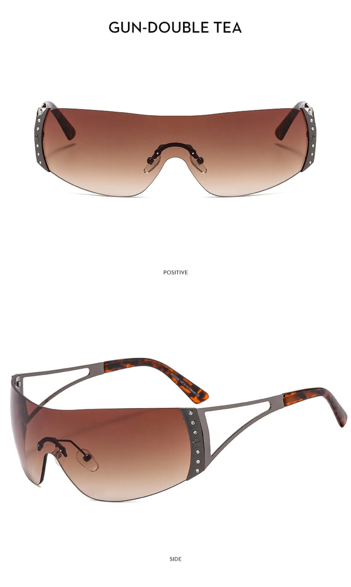 Rhinestone Shield Sunglasses — Dark metal-tone rhinestone shield sunglasses with brown lenses shown in two angles
