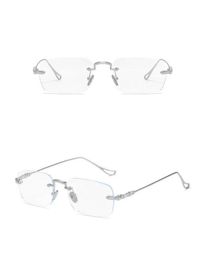 Rimless Clear-Lens Glasses — Silver rimless clear-lens glasses shown in two angles