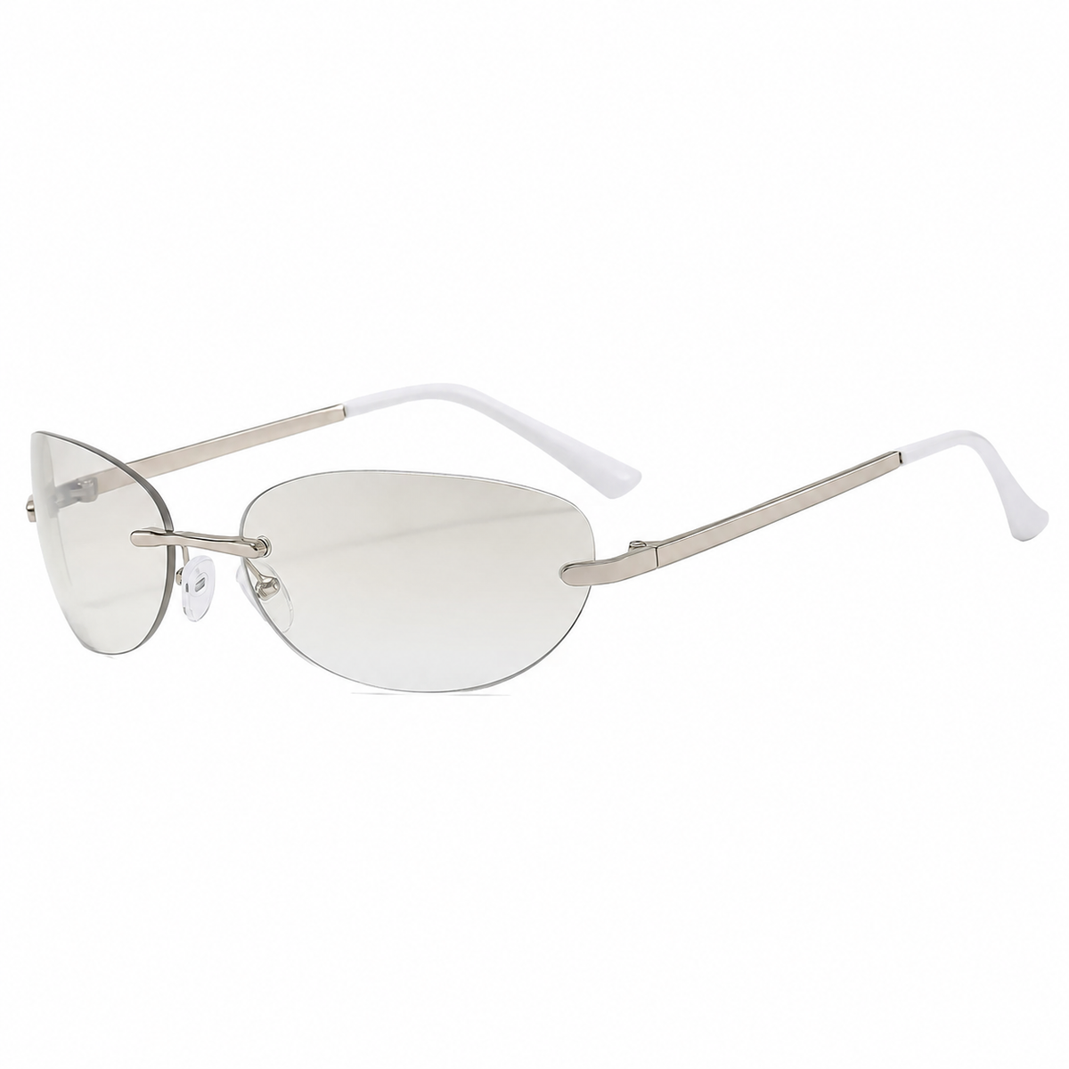Rimless sunglasses with pale gradient lenses, silver-tone bridge and temples, and white temple tips on a white background.
