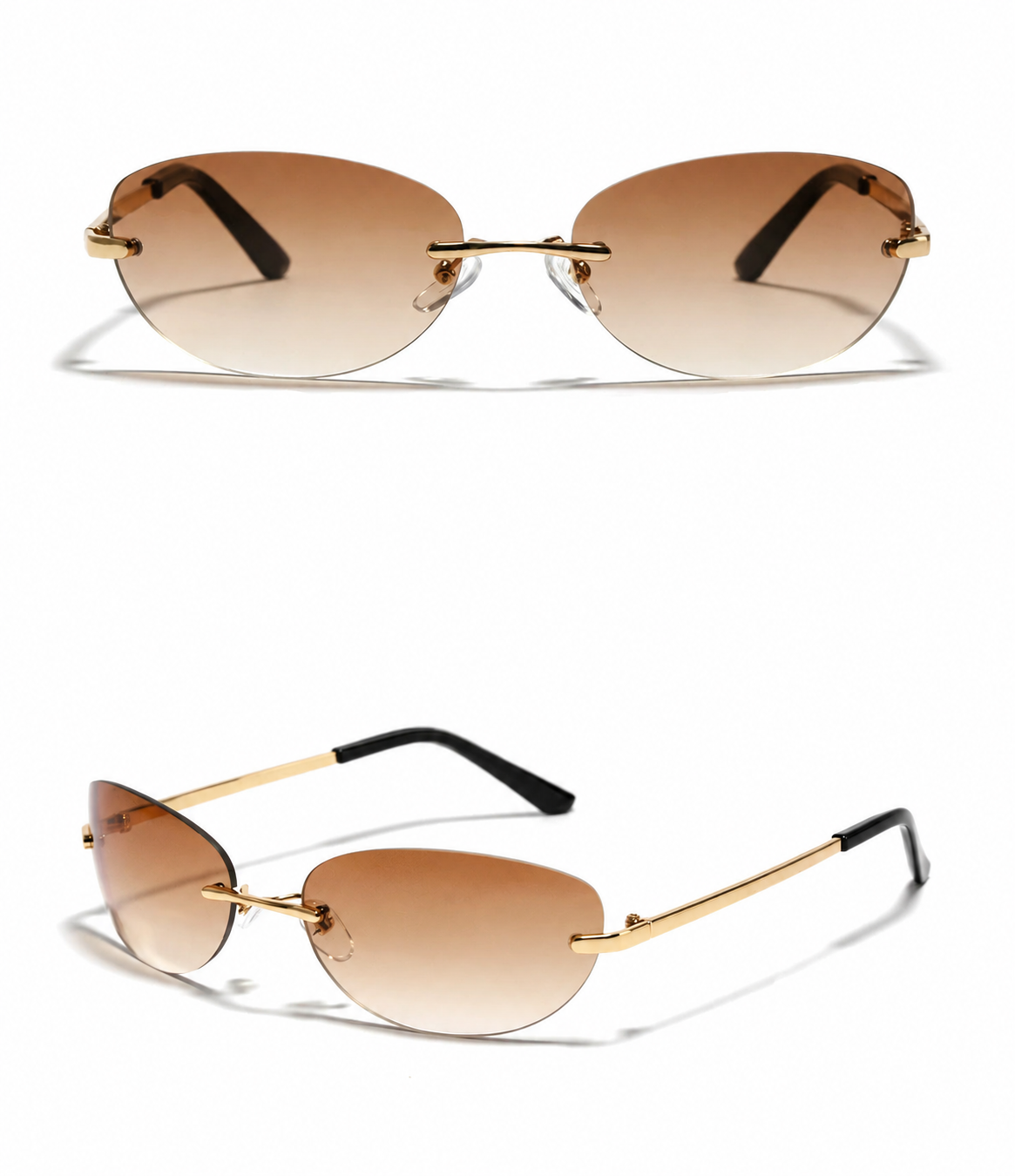 Front and angled views of rimless sunglasses with brown gradient lenses, gold-tone bridge and temples, and black temple tips on a white background.