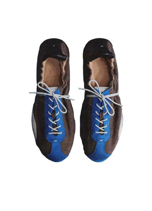 Ruched Colorblock Trainer Sneakers — blue and black pair, top view