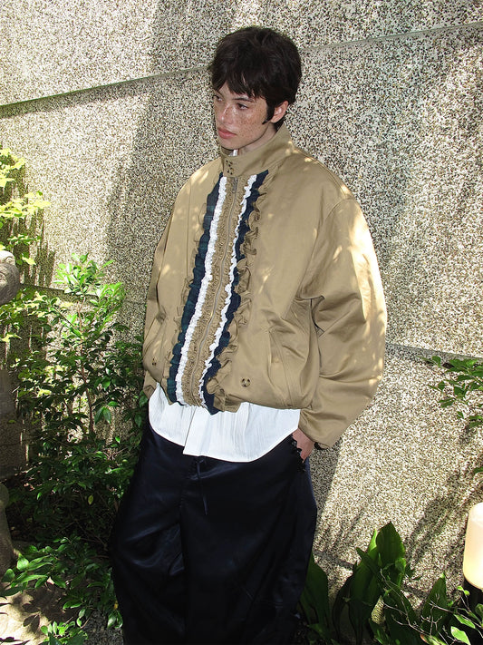 Ruffle-Trim Contrast Khaki Jacket