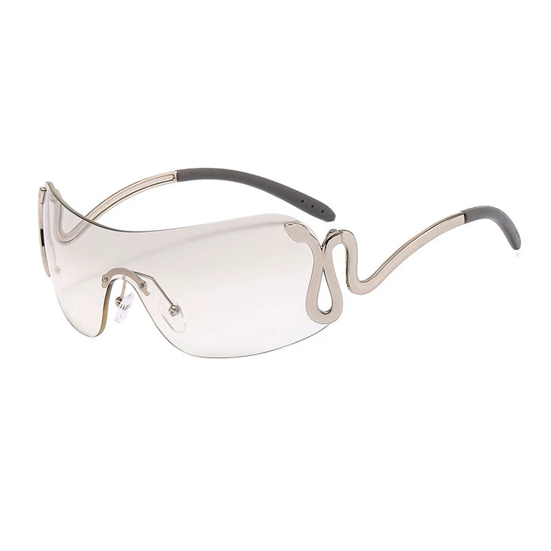 Serpentine Rimless Shield Sunglasses — Silver-tone rimless shield glasses, three-quarter view