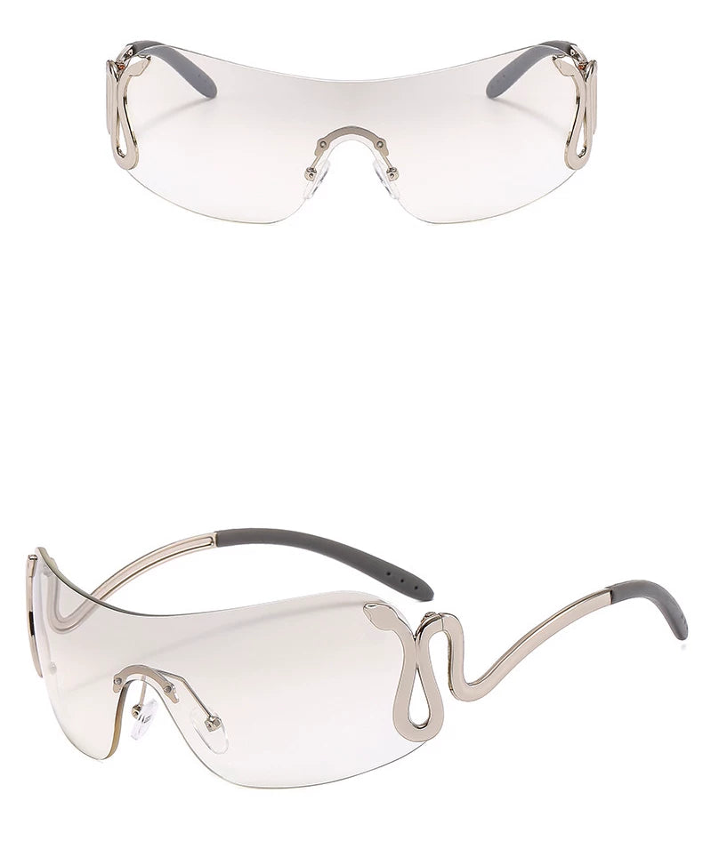 Serpentine Rimless Shield Sunglasses — Silver-tone rimless shield glasses shown from front and side