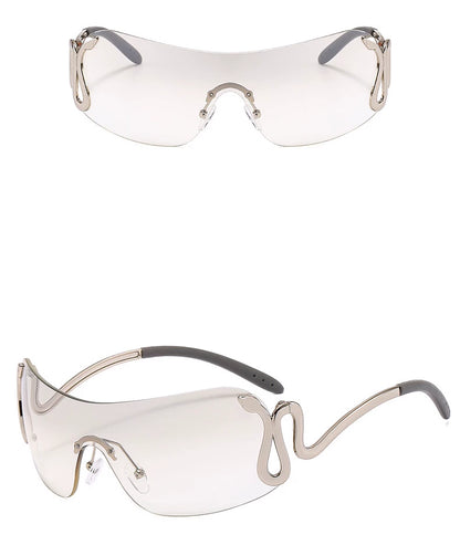 Serpentine Rimless Shield Sunglasses — Silver-tone rimless shield glasses shown from front and side