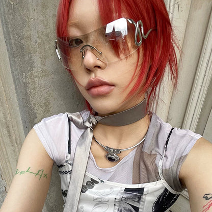 Silver-Tone Frame / Light Mirrored Lenses Serpentine Rimless Shield Sunglasses