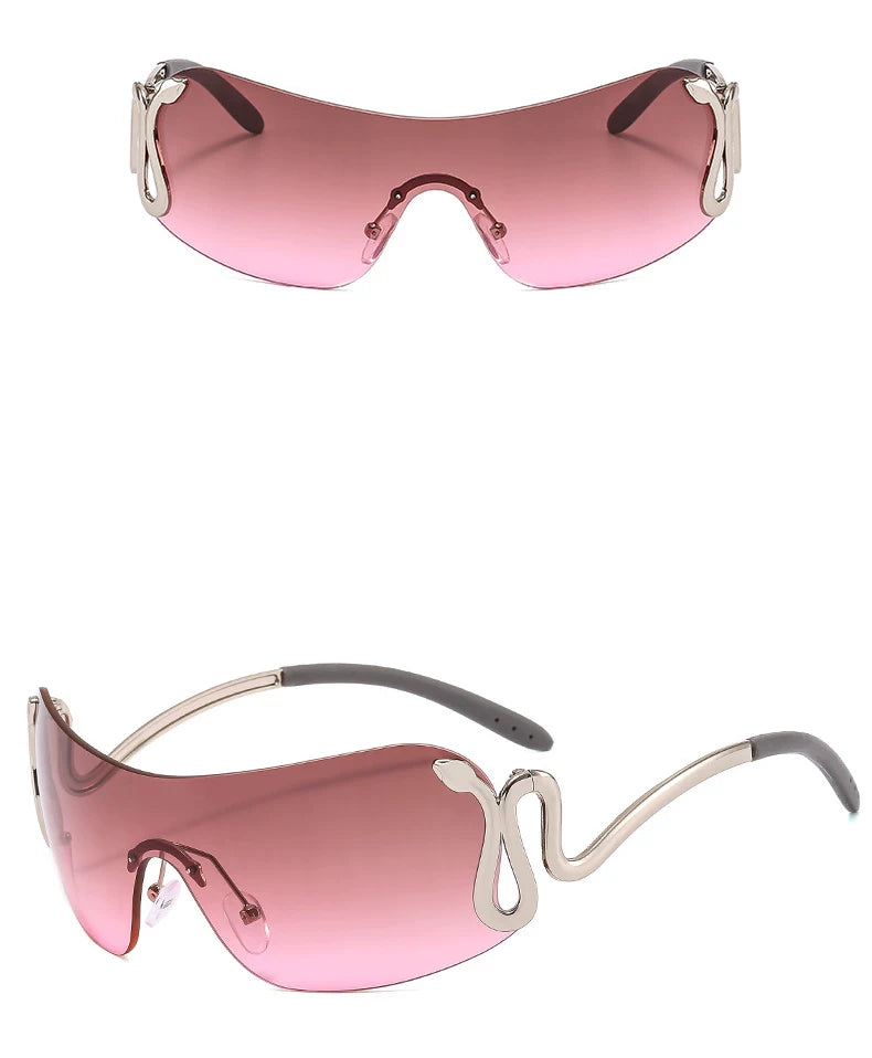 Silver-Tone Frame / Grey-Pink Lenses Serpentine Rimless Shield Sunglasses