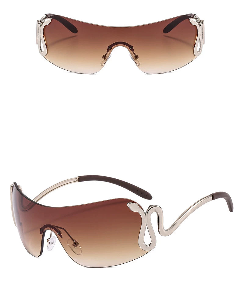 Silver-Tone Frame / Two-Tone Brown Lenses Serpentine Rimless Shield Sunglasses