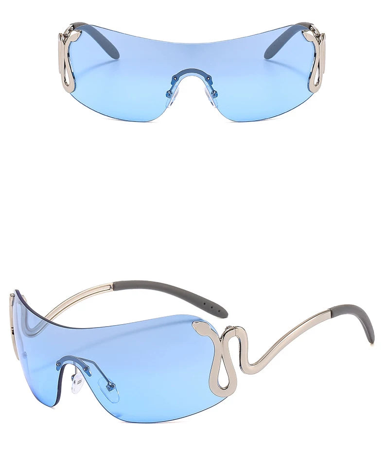 Silver-Tone Frame / Light Blue Lenses Serpentine Rimless Shield Sunglasses
