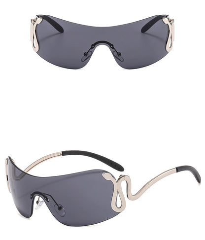 Silver-Tone Frame / Black Lenses Serpentine Rimless Shield Sunglasses