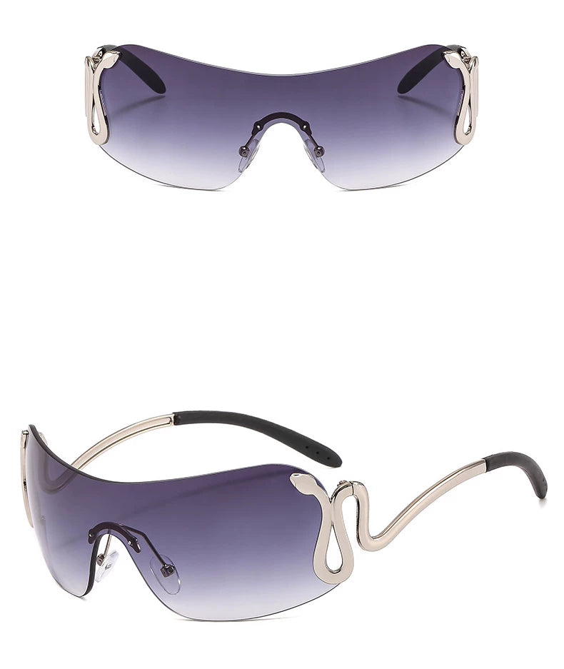Silver-Tone Frame / Two-Tone Grey Lenses Serpentine Rimless Shield Sunglasses