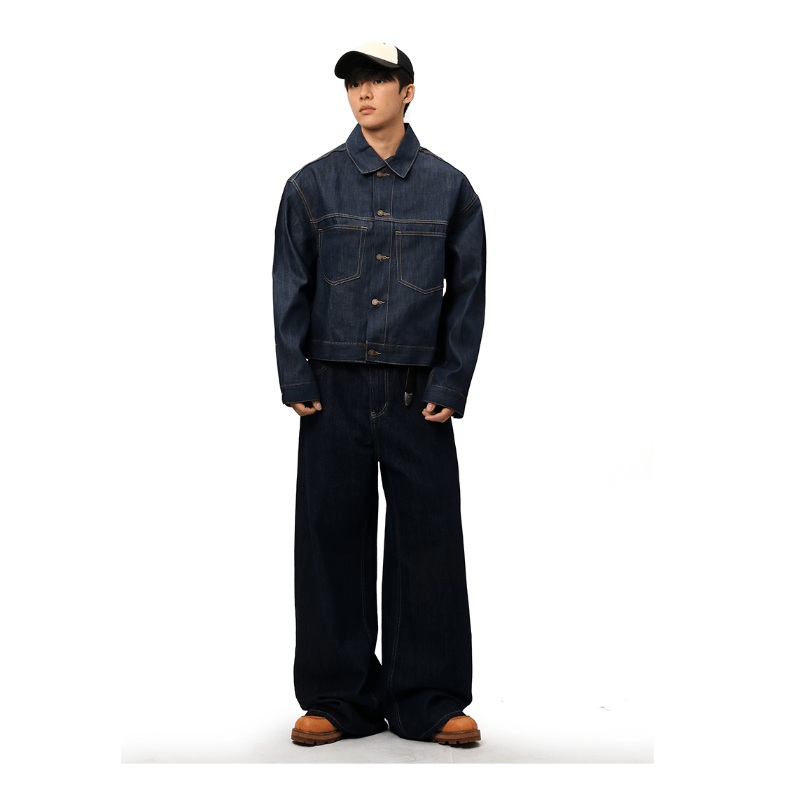 Men's women's denim shirt jacket outfit - with matching wide leg jeans overshirt casual style