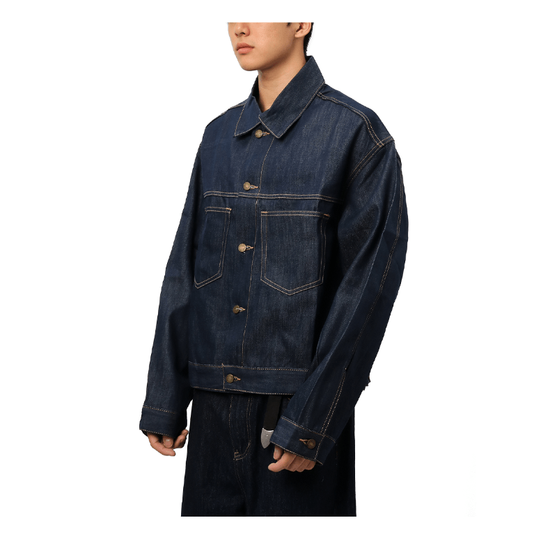 Men's women's denim shirt jacket outfit - with matching wide leg jeans overshirt casual style