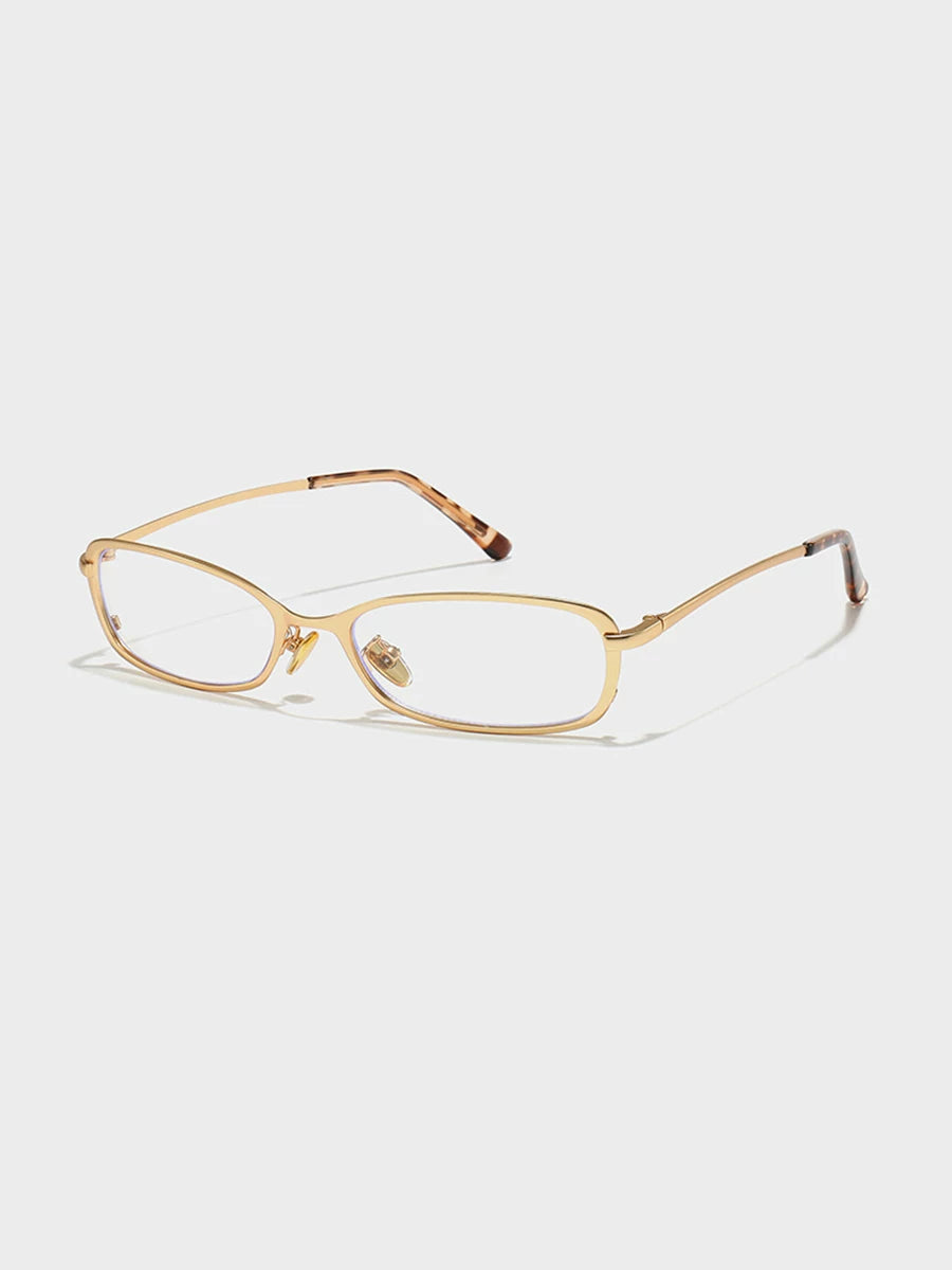 Slim Rectangular Metal-Frame Glasses — Gold-tone frame with clear lenses, three-quarter view