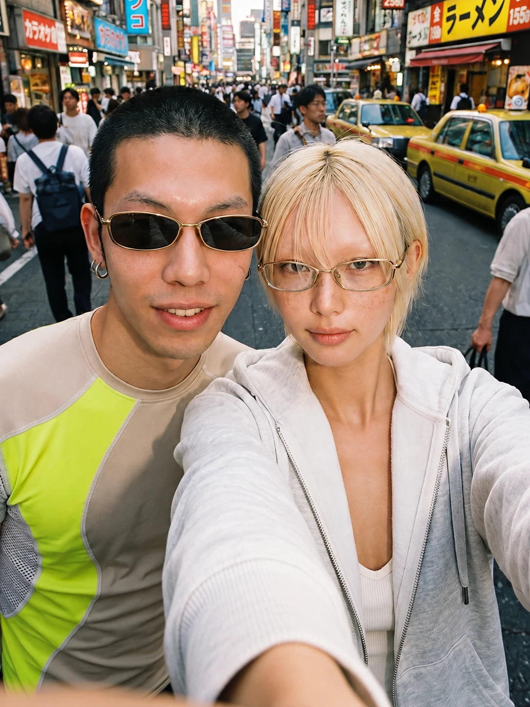 Slim Rectangular Metal-Frame Glasses — Two models wearing glasses outdoors