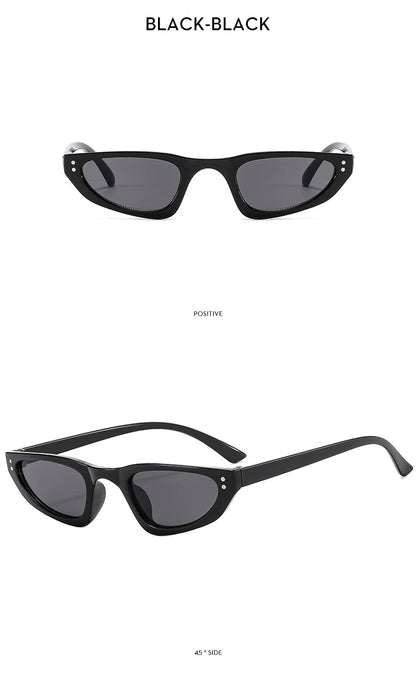 Petites lunettes de soleil triangulaires — coloris noir, gris ; détails de la monture et des verres