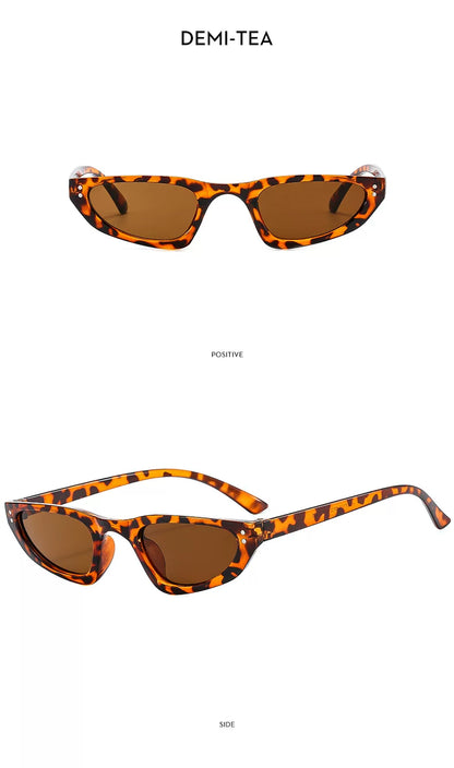 Petites lunettes de soleil triangulaires — coloris marron ; détails de la monture et des verres