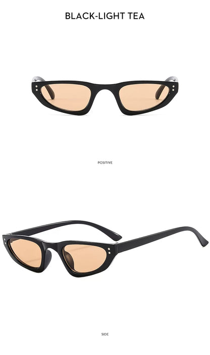 Petites lunettes de soleil triangulaires — coloris noir, marron ; détails de la monture et des verres