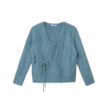 Soft Faux Mink Tie-Front V-Neck Cardigan