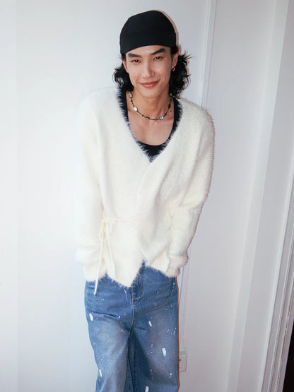 Soft Faux Mink Tie-Front V-Neck Cardigan
