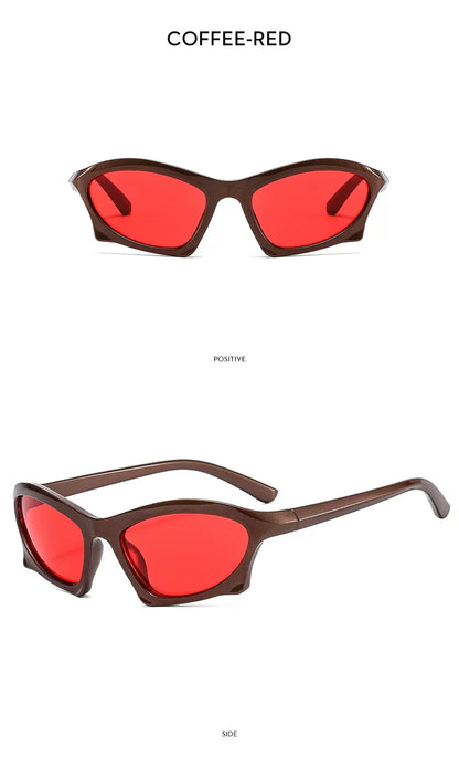 Lunettes de soleil angulaires d’inspiration sportive — coloris marron, rouge ; détails de la monture et des verres