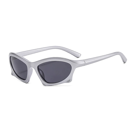 Sport-Inspired Angular Sunglasses — Silver angular frame with dark lenses