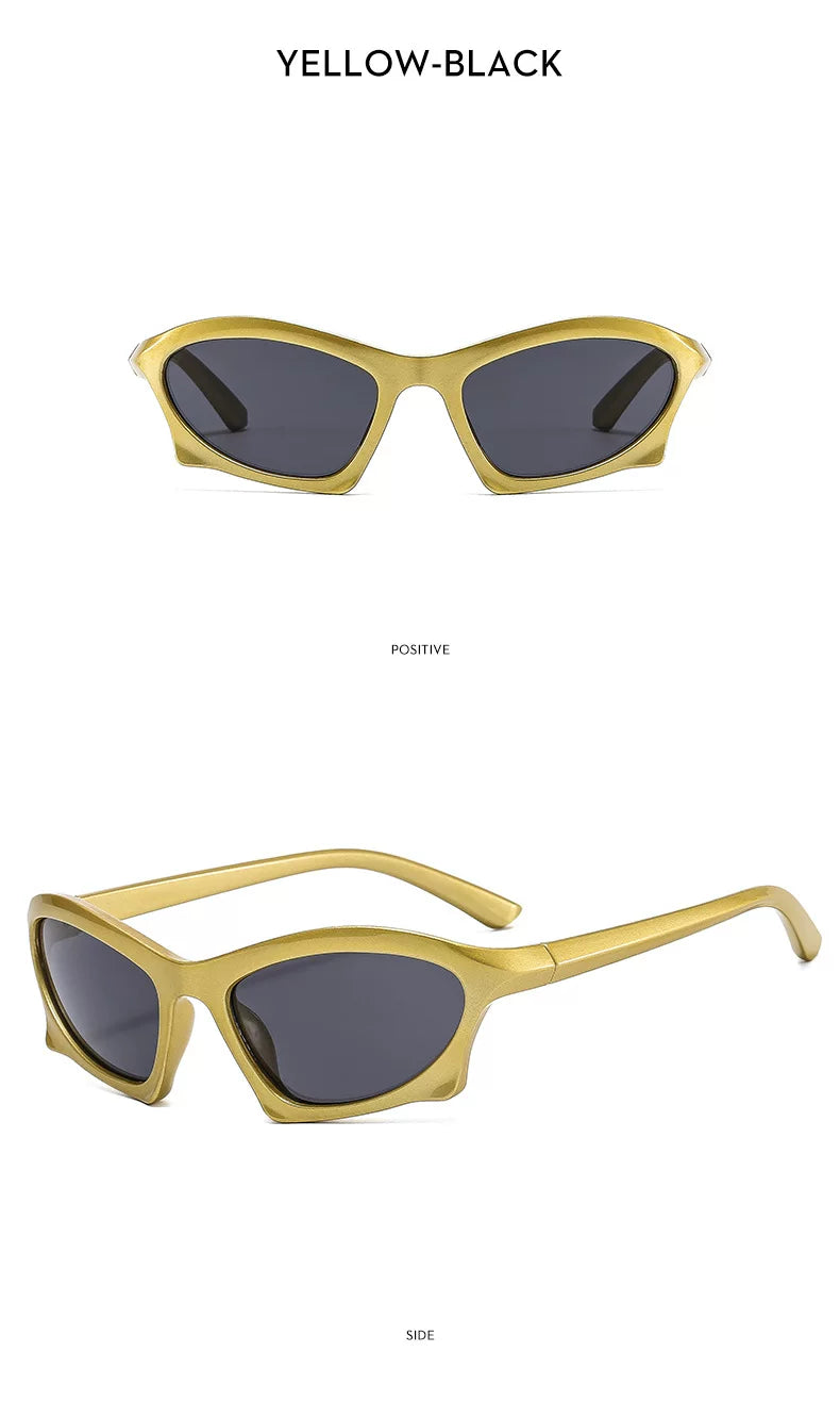 Lunettes de soleil angulaires d’inspiration sportive — coloris jaune ; détails de la monture et des verres