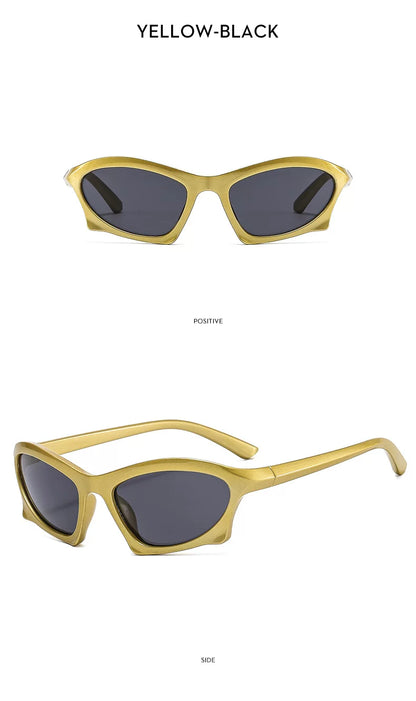 Lunettes de soleil angulaires d’inspiration sportive — coloris jaune ; détails de la monture et des verres