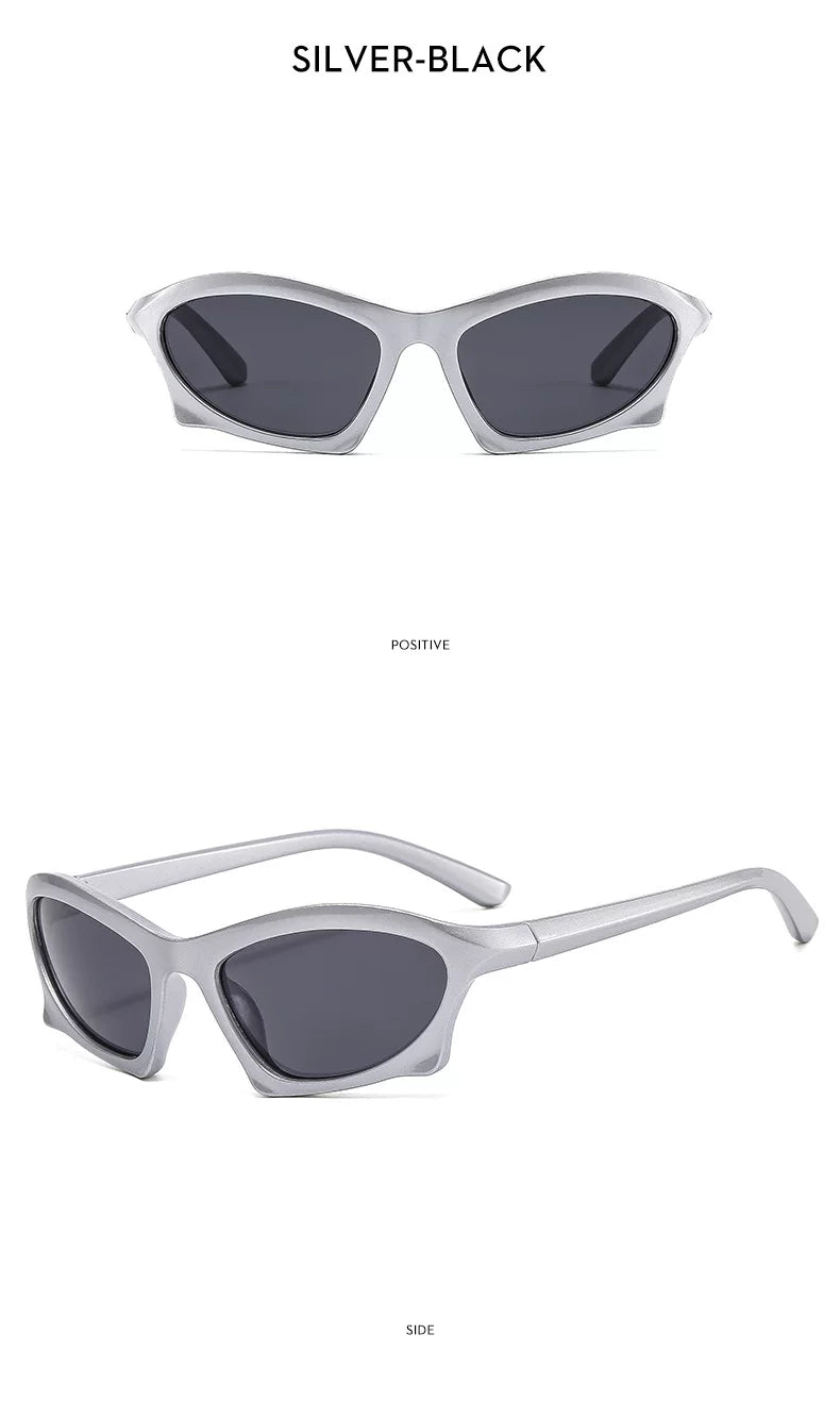 Lunettes de soleil angulaires d’inspiration sportive — coloris argenté ; détails de la monture et des verres