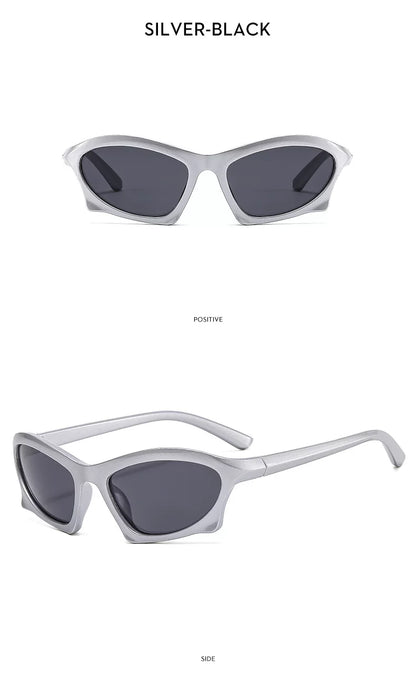 Lunettes de soleil angulaires d’inspiration sportive — coloris argenté ; détails de la monture et des verres