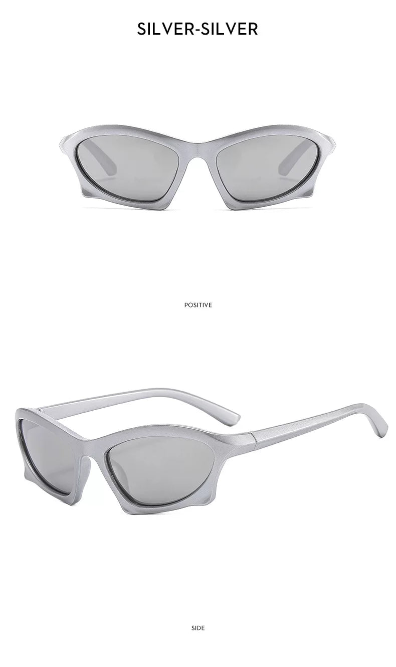 Lunettes de soleil angulaires d’inspiration sportive — coloris argenté ; détails de la monture et des verres
