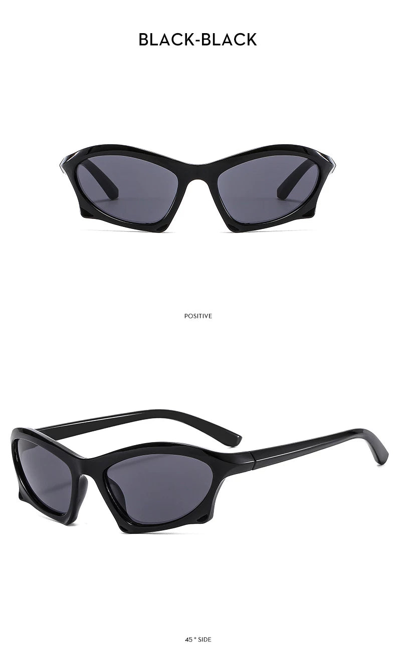 Lunettes de soleil angulaires d’inspiration sportive — coloris noir ; détails de la monture et des verres