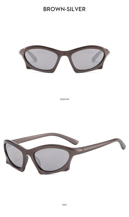 Lunettes de soleil angulaires d’inspiration sportive — coloris gris ; détails de la monture et des verres
