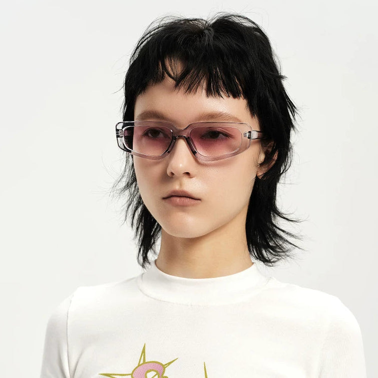 Square Cat-Eye Tinted Sunglasses — Model wearing pink tinted square cat-eye sunglasses